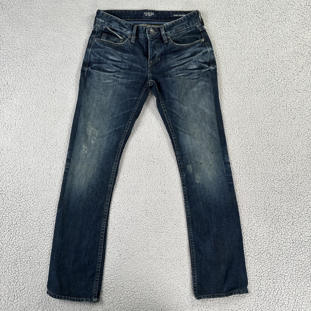 Guess Falcon Slim Boot Jeans Women 29R Blue Dark Wash Button Fly Distressed